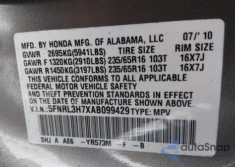 2010 Honda Odyssey Ex-L z USA, uszkodzony, nr VIN 5FNRL3H7XAB099429